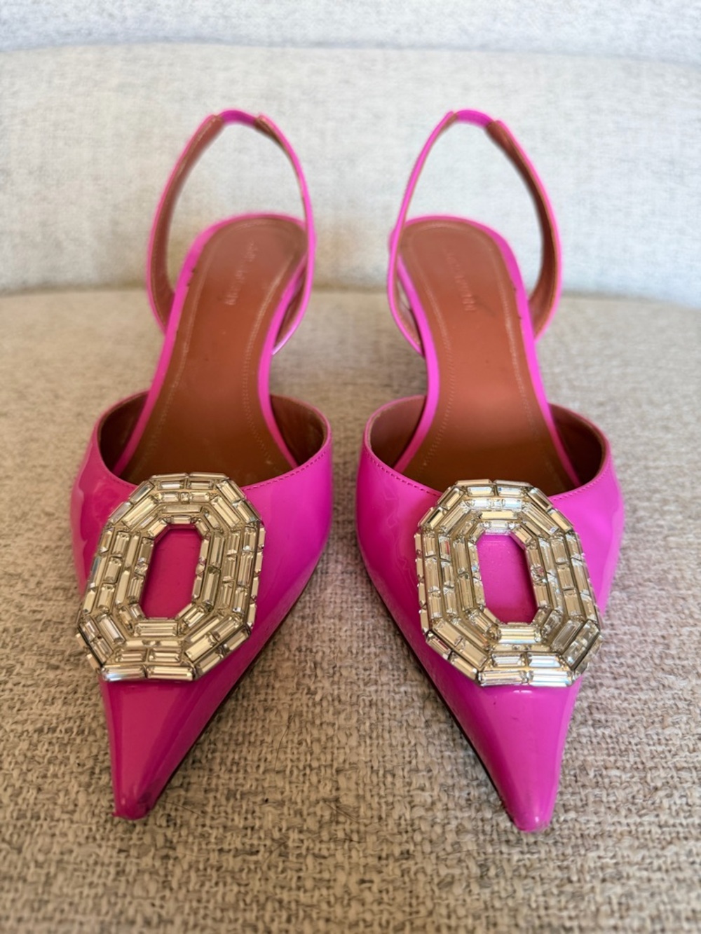 Amina Muaddi Hot Pink Patent Slingback Pumps with Crystal Octagon